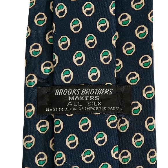 BROOKS BROTHERS Makers Silk Necktie USA Designer‎ Geometric Navy/Green/Tan - Picture 2 of 5